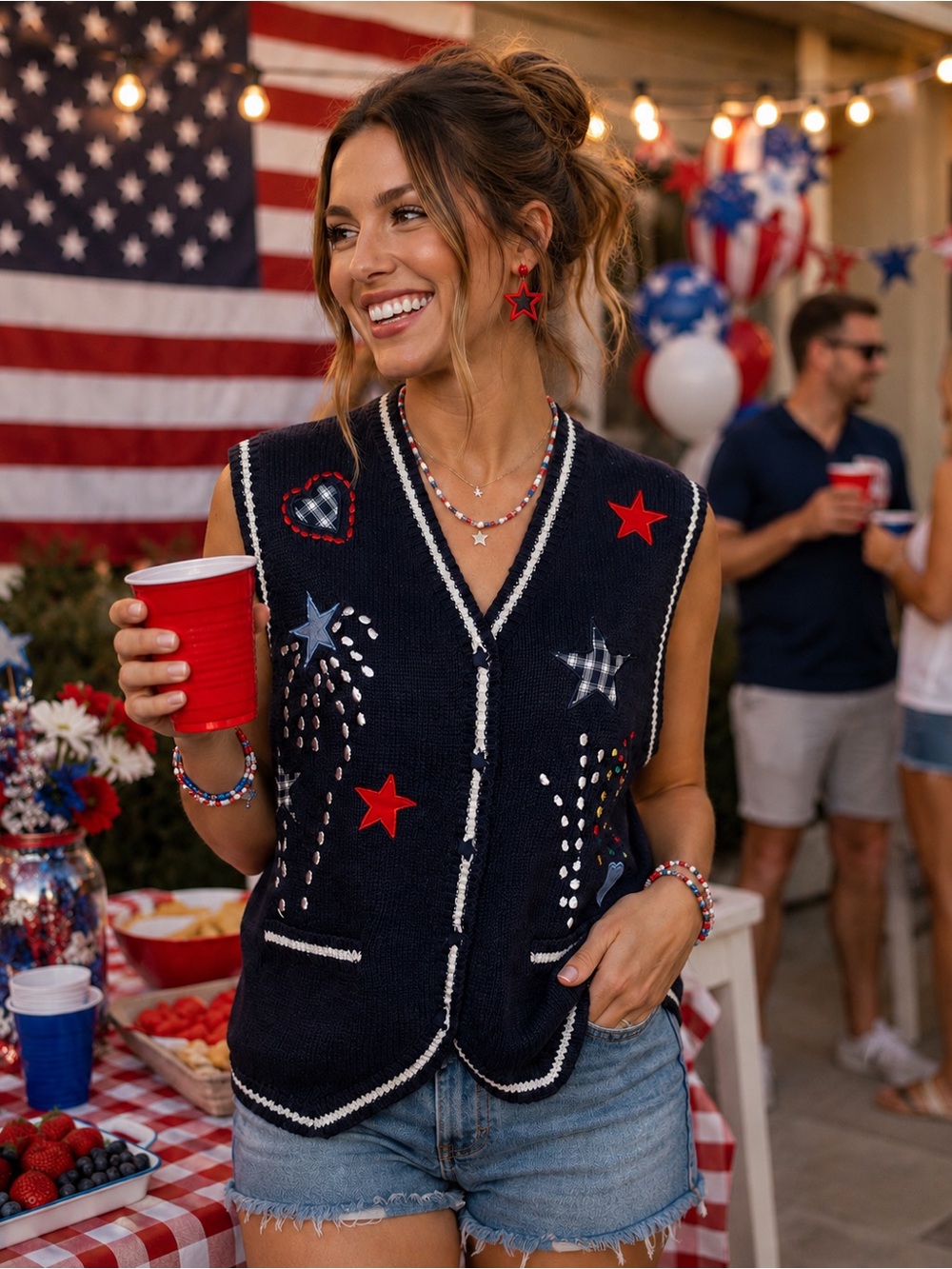 Vintage Robin Sinkler Fireworks Stars‎ Knit Embroidered Vest Medium Patriotic